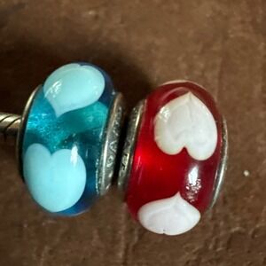 Pandora Murano Glass Heart Charms Set Teal Blue & Red Sterling Silver 925 ALE